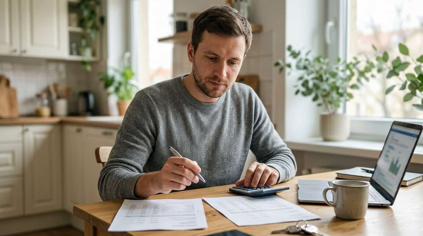 Vyras lygina dviejų paskolų pasiūlymus prie virtuvės stalo