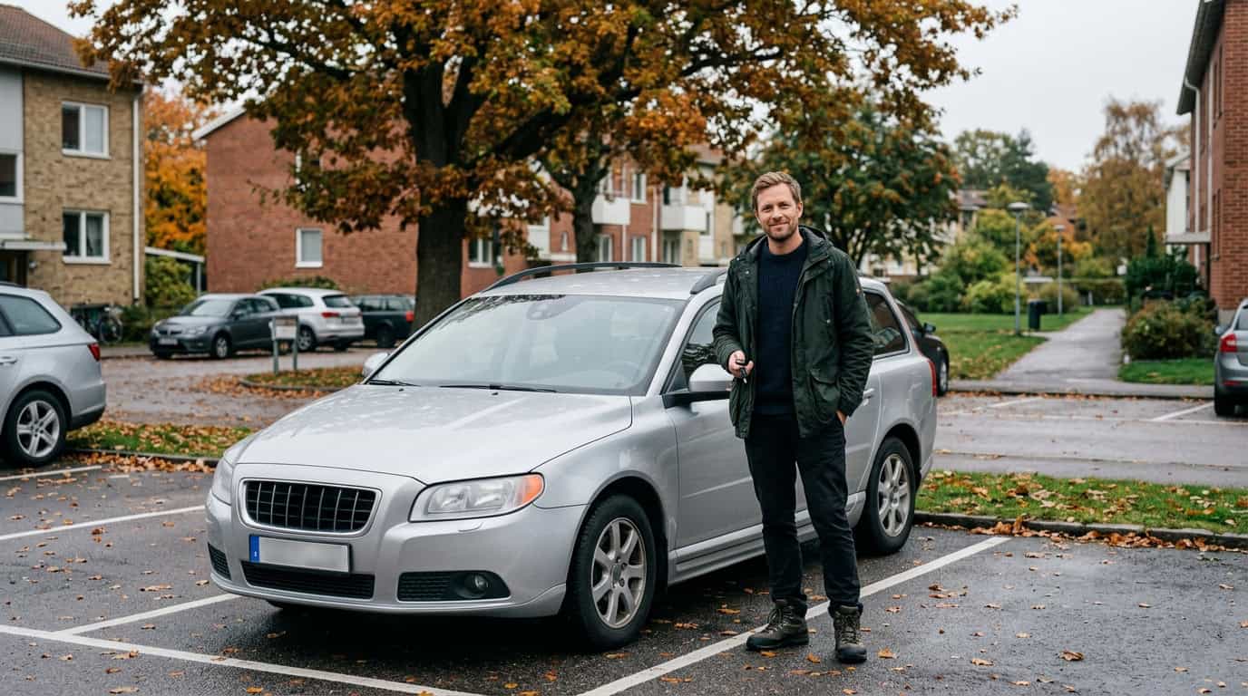 Vyras su automobilio raktais prie naudoto automobilio