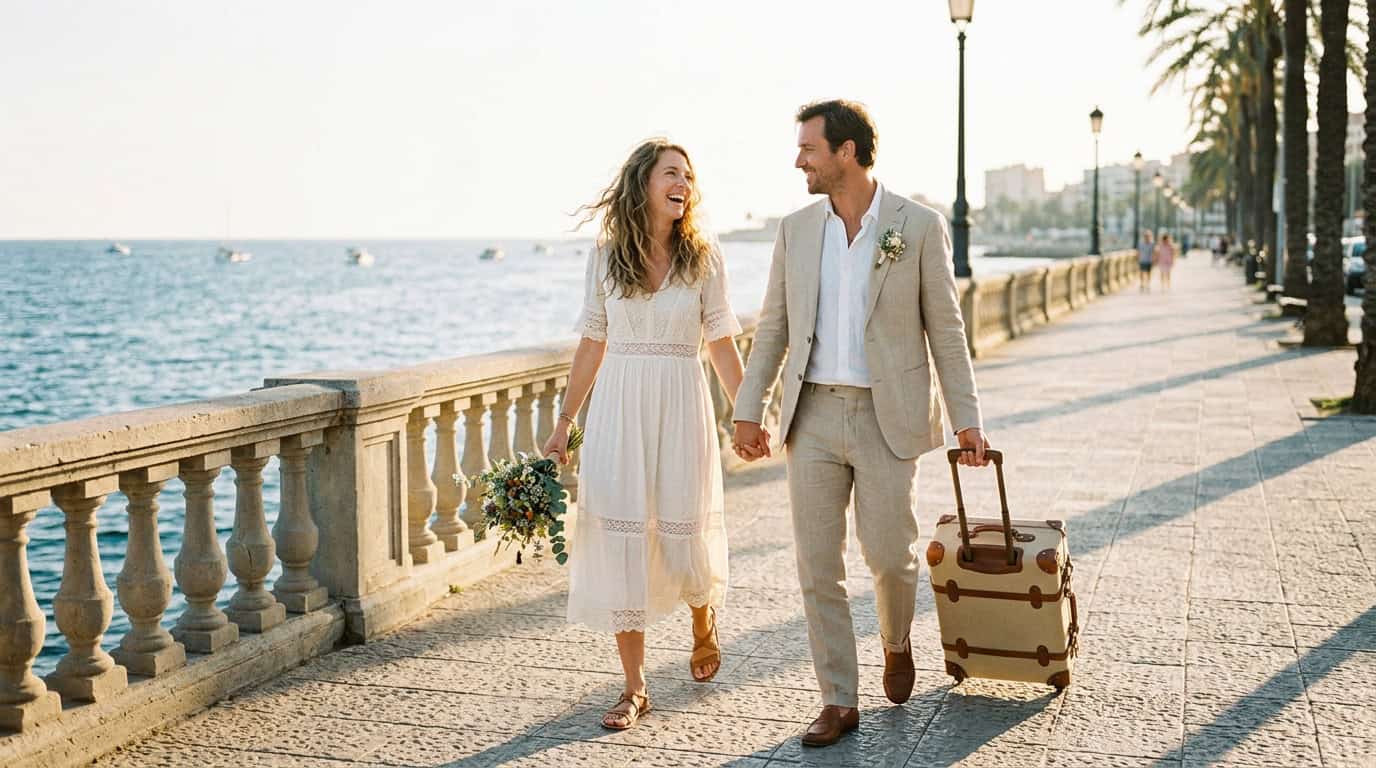 Jaunavedžiai vaikšto pajūrio promenada