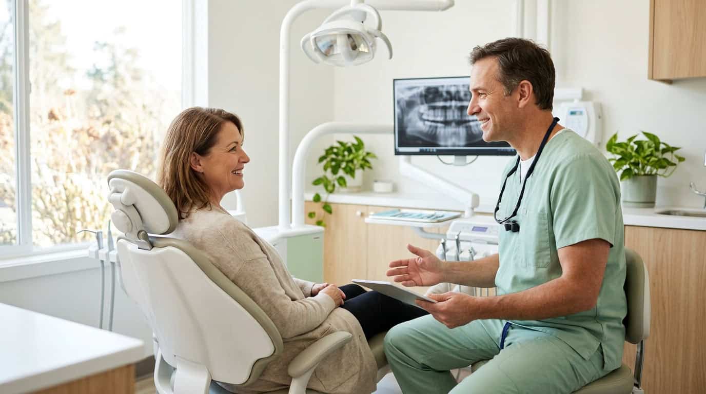 Moteris kalbasi su odontologe klinikoje